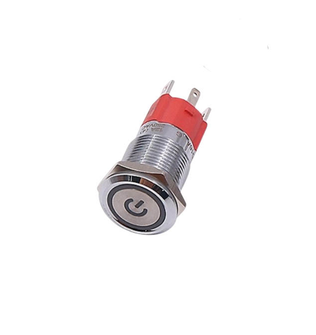 Кнопка антивандальная NO с фикс. M16 220V с синим значком подсветки, плоская, под пайку