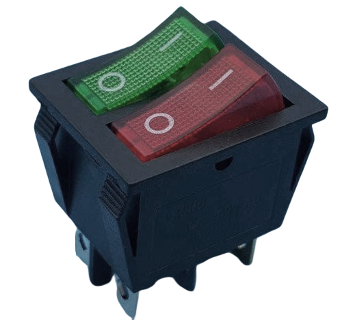 Выключатель двухклавишный KCD3-6Р, красный+зеленый  (с подсветкой)