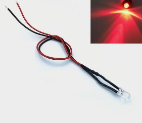 Светодиод 3 мм прозрачный красный на проводе, 5-12 Вольт