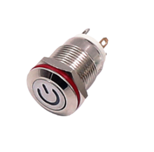 Низкая кнопка антивандальная без фикс. M12 3-6V с синим значком подсветки, плоская, под пайку